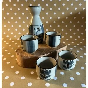 5pc Japanese Sake Set with 4 Wine Cups Hand Painted Barware Decor Ceramic